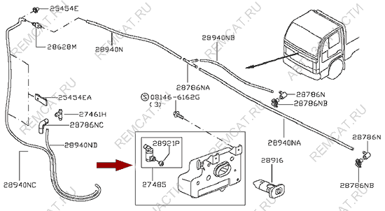 На схеме изображен бачок омывателя Ниссан Кабстар (Nissan Cabstar), в сборе с моторчиком, 28910MB40C