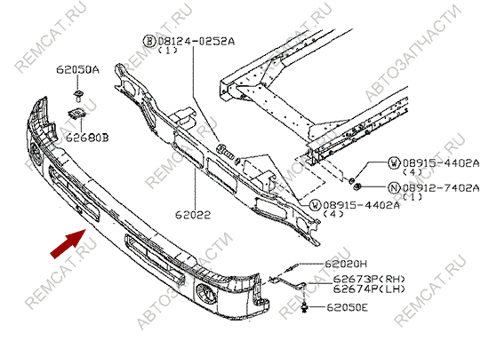 На схеме изображен бампер передний Ниссан Кабстар (Nissan Cabstar), 62022LC10B