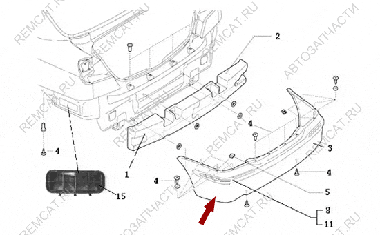 На схеме изображен бампер задний Brilliance M1, 3000761