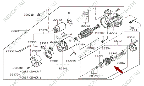 На схеме изображен бендикс стартера Ниссан Кабстар (Nissan Cabstar), 2331211M00