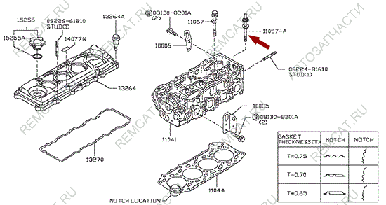 На схеме изображен болт ГБЦ Ниссан Кабстар (Nissan Cabstar), 11057DB000