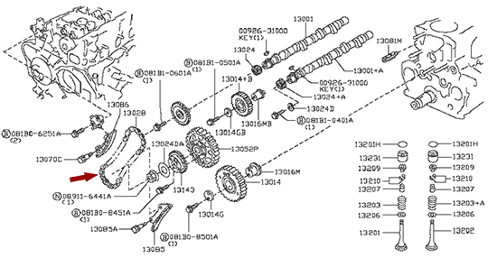 На схеме изображена цепь ГРМ двигателя Ниссан Кабстар (Nissan Cabstar), 130282W200