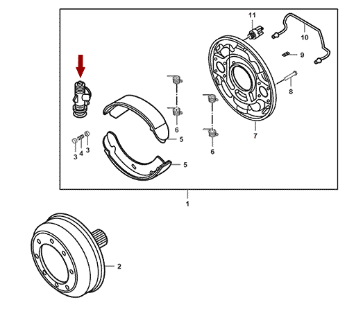 На схеме изображен цилиндр тормозной JMC 1043 - задний правый (прокачной), 3502210A
