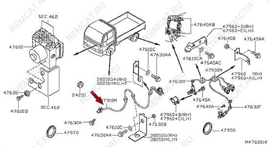 На схеме изображен датчик ABS (АБС) Ниссан Кабстар (Nissan Cabstar) - передний, 47910MB400