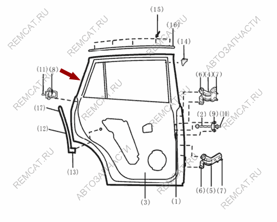 На схеме изображена дверь задняя Brilliance V5 – левая, BJ4522003Y