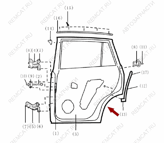 На схеме изображена дверь задняя Brilliance V5 – правая, BJ4522002Y