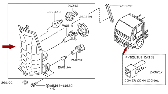На схеме изображена фара Ниссан Кабстар (Nissan Cabstar) - левая, 26060MB41A
