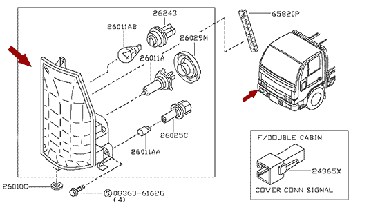 На схеме изображена фара Ниссан Кабстар (Nissan Cabstar) - правая, 26010MB41A
