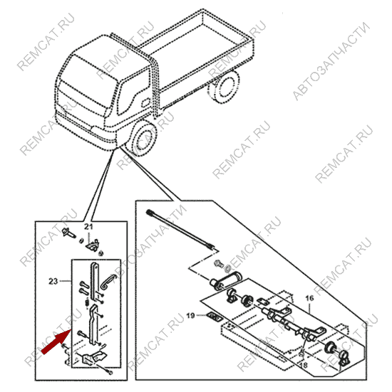 На схеме изображен фиксатор опускания кабины JMC 1032, 500212006