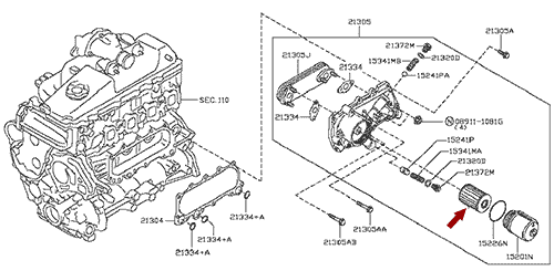 На схеме изображен фильтр масляный Ниссан Кабстар (Nissan Cabstar), 152092W200
