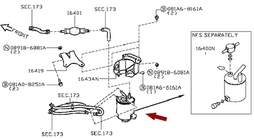 На схеме изображен фильтр топливный (без датчика) Nissan Cabstar (Ниссан Кабстар), 16400LC30B