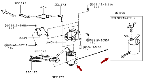 На схеме изображен фильтр топливный (c датчиком) Ниссан Кабстар (Nissan Cabstar), 16400ES60C