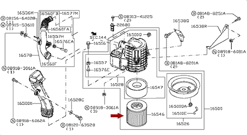 На схеме изображен фильтр воздушный Ниссан Кабстар (Nissan Cabstar), 16546MA70C