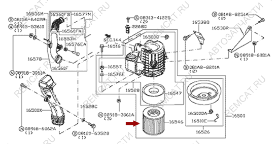 На схеме изображен фильтр воздушный Ниссан Кабстар (Nissan Cabstar), Россия, 16546MA70C