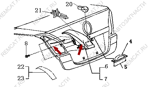 На схеме изображен фонарь на крышку багажника Brilliance M2 – задний левый, 3051156