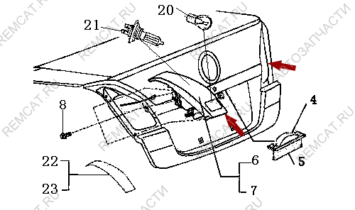 На схеме изображен фонарь на крышку багажника Brilliance M2 – задний правый, 3051157