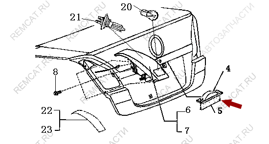 На схеме изображен фонарь освещения заднего номерного знака Brilliance M2, 3000190