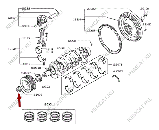 На схеме изображена гайка шкива коленвала Ниссан Кабстар (Nissan Cabstar), 1230961503