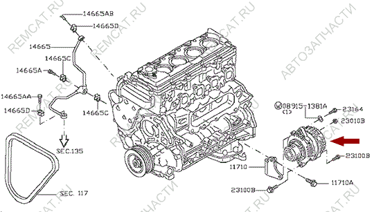 На схеме изображен генератор Ниссан Кабстар (Nissan Cabstar), 23100DB00B