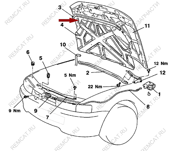 На схеме изображен капот Brilliance M1, BJ3004113Y