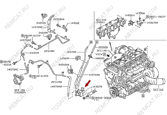На схеме изображен клапан электромагнитный турбокомпрессора Ниссан Кабстар (Nissan Cabstar), оригинал, 14956EB70B