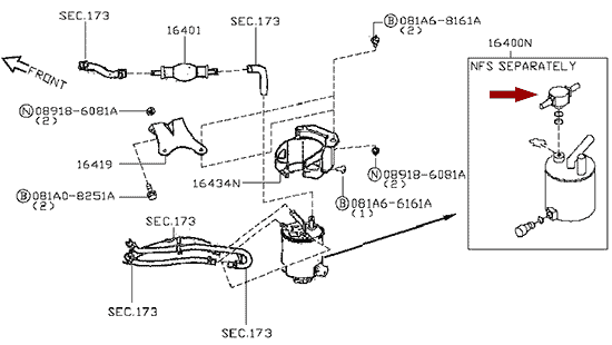 На схеме изображен клапан - штуцер топливного фильтра Ниссан Кабстар (Nissan Cabstar), 16400ES60C