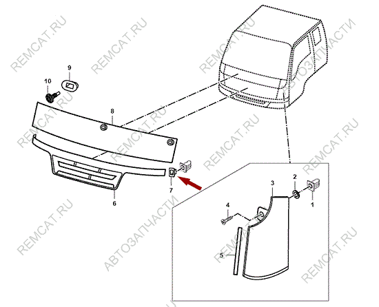На схеме изображена клипса решетки радиатора JMC 1052 - боковая, 530017530R