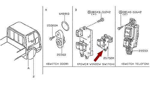 На схеме изображена блок - кнопка стеклоподъемника пассажира Ниссан Кабстар (Nissan Cabstar), 25411AX010