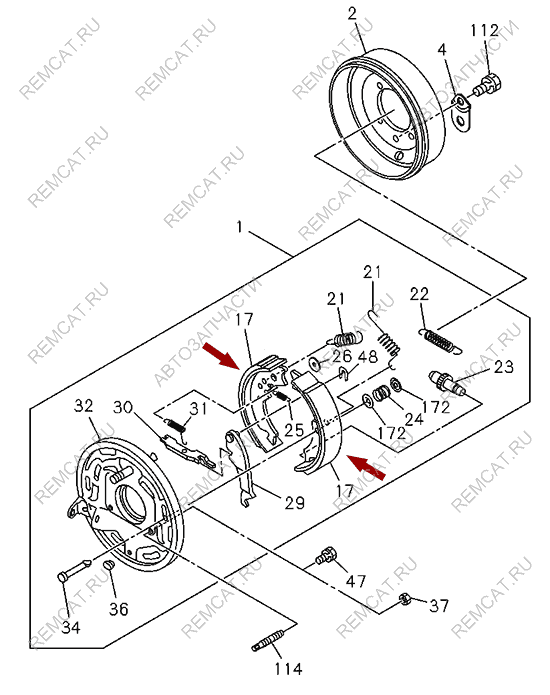 На схеме изображены колодки ручного тормоза ISUZU (ИСУЗУ) NKR55, комплект, 8970429331
