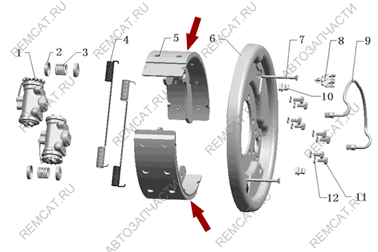 На схеме изображены колодки тормозные Foton 1049C - задние (барабанные), BJ1029EC