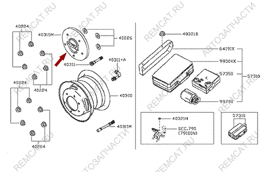 На схеме изображен колпак колеса Ниссан Кабстар (Nissan Cabstar), пластик, 40315MB402