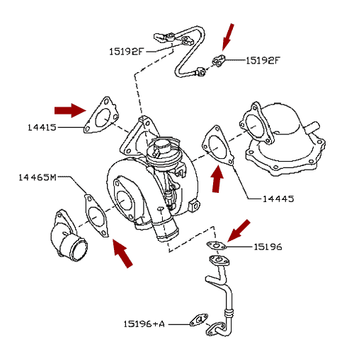 На схеме изображен комплект прокладок турбокомпрессора Ниссан Кабстар (Nissan Cabstar), A4D01MA70KIT