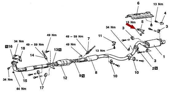 На схеме изображено крепление глушителя - резонатора Brilliance M2 - передняя часть, 3001479