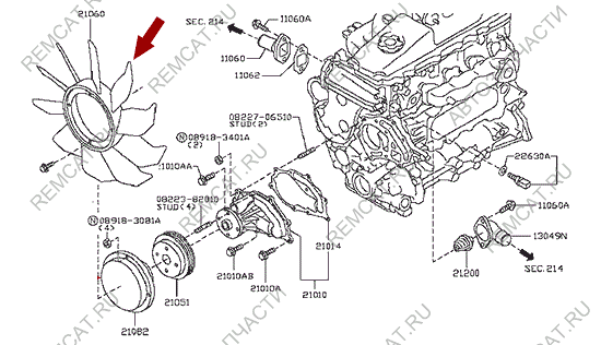 На схеме изображен вентилятор (крыльчатка) охлаждения двигателя Ниссан Кабстар (Nissan Cabstar), 21060MA70A