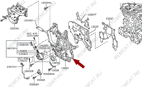 На схеме изображена крышка двигателя Ниссан Кабстар (Nissan Cabstar) - передняя, 13034MA70B