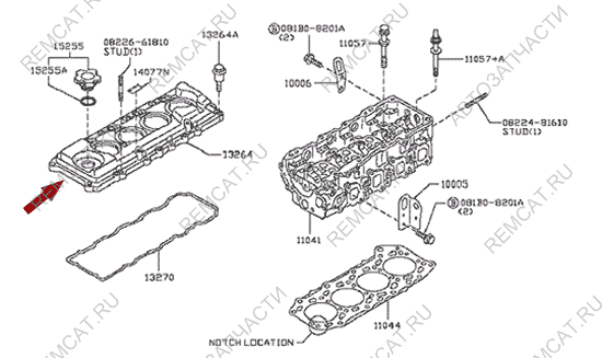 На схеме изображена крышка клапанная Ниссан Кабстар (Nissan Cabstar), 13264MA70B