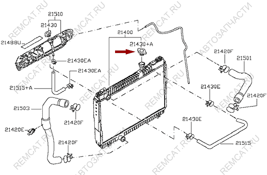 На схеме изображена крышка радиатора Ниссан Кабстар (Nissan Cabstar), 21431LC40A