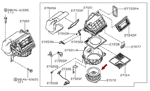 На схеме изображен мотор отопителя (печки) Ниссан Кабстар (Nissan Cabstar), 27230MB40A