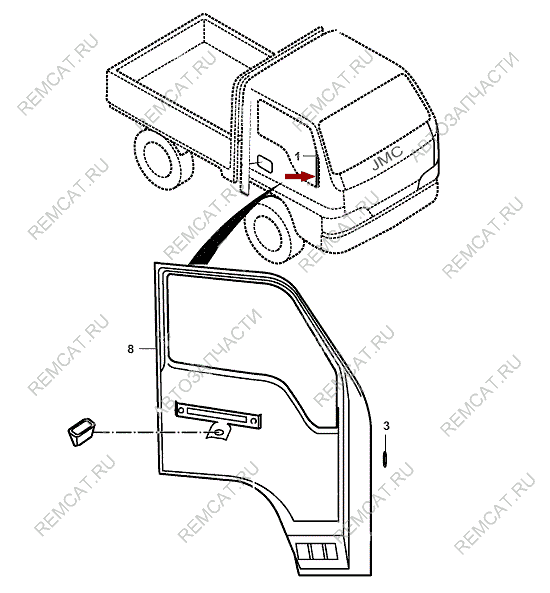 На схеме изображена накладка боковая (уголок) на дверь JMC 1032 - правая, 610020730