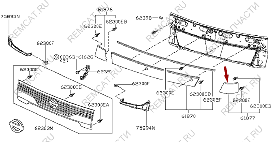 На схеме изображена накладка фары верхняя Ниссан Кабстар (Nissan Cabstar) - левая, 61877MB430