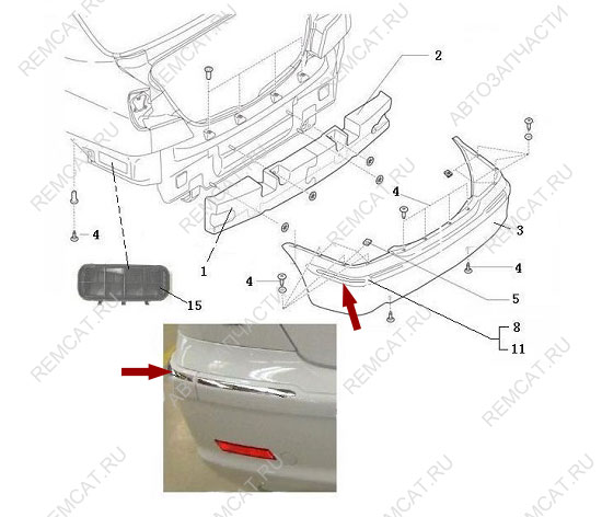 На схеме изображена накладка молдинга заднего бампера Brilliance M2 - крайняя левая (хром), 3050853