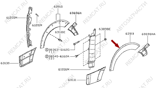 На схеме изображена накладка (расширитель) двери Ниссан Кабстар (Nissan Cabstar) - левая, 63811MB40A