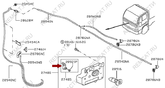 На схеме изображен насос омывателя лобового стекла Ниссан Кабстар (Nissan Cabstar), 289206W500