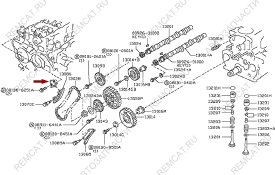 На схеме изображен натяжитель цепи ГРМ Ниссан Кабстар (Nissan Cabstar),13070MA70A