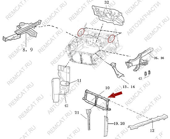 На схеме изображена панель радиатора передняя Brilliance M2, BJ3050027Y