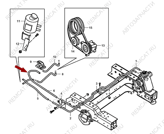 На схеме изображен шланг ГУРа от трубки насоса к трубке редуктора JMC 1051, 340617002