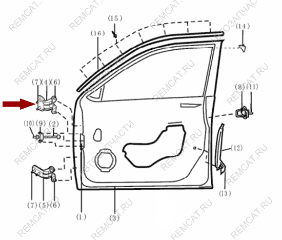 На схеме изображена петля передней двери Brilliance V5 - верхняя правая, 4521100