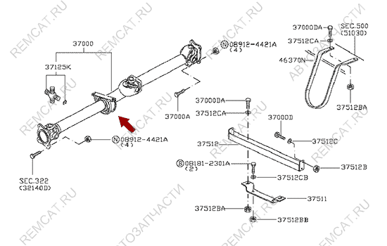 На схеме изображен подшипник подвесной карданного вала Ниссан Кабстар (Nissan Cabstar) 37000MB92CC