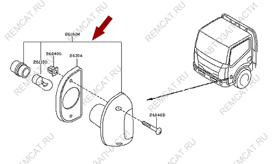 На схеме изображен повторитель поворота Ниссан Кабстар (Nissan Cabstar), 26160MB40A