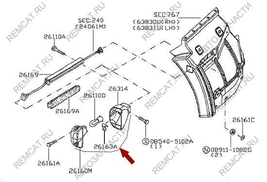 На схеме изображен повторитель поворота Ниссан Кабстар (Nissan Cabstar), на крыле, 26314MB40A